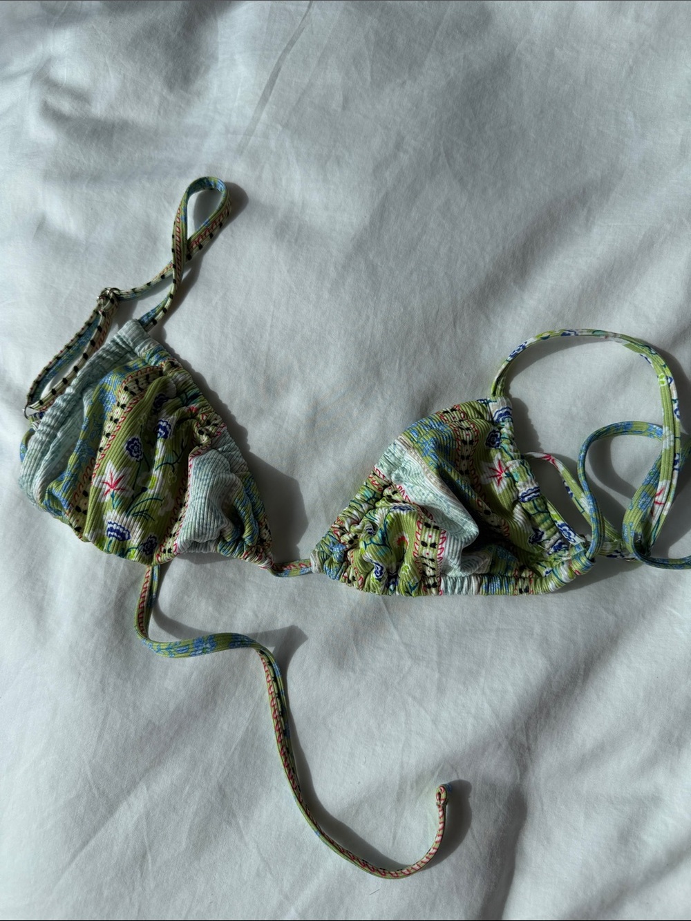 Floral Green & Light Blue String Bikini Top
